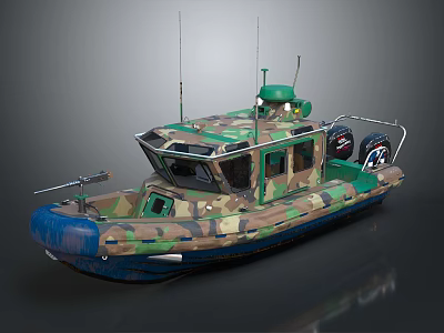 Camouflage Yacht Design With Blue Bottom Antennas And Front Equipment 3d model