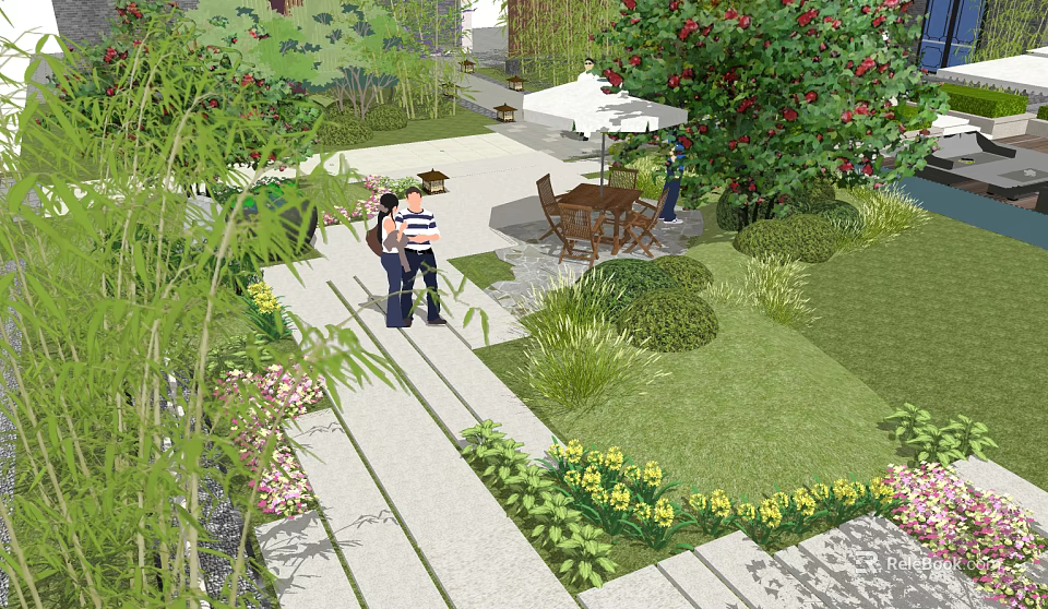 Courtyard Garden With Stone Path Green Lawn Yellow Pink Flowers And Wooden Table 3d model 