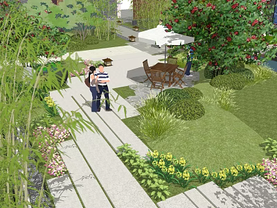 Courtyard Garden With Stone Path Green Lawn Yellow Pink Flowers And Wooden Table 3d model