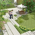 Courtyard Garden With Stone Path Green Lawn Yellow Pink Flowers And Wooden Table