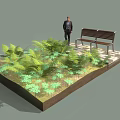 Outdoor Public Bench Surrounded by Green Plants and Ferns on Stone Pavement