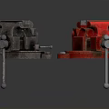 Two Black and Red Metal Bench Vices With Fixed Base Adjustable Jaws On Reflective Surface