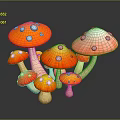 Colorful Edible Mushrooms with Red Orange Caps and White Spots in 3D Rendered Food Illustration
