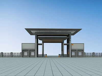 Grand Modern Entrance Gate With Large Roof Structure Symmetric Side Buildings And Paved Plaza 3d model