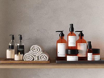 Bath And Laundry Essentials On Wooden Shelf With Gray Wall Rolled Towels And Pump Bottles 3d model