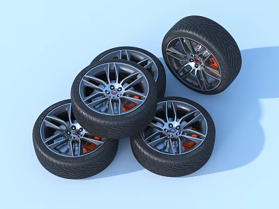 Car Tires Stacked With Alloy Rims And Red Brake Calipers On Light Blue Background 3d model