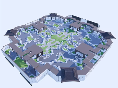 Circular Courtyard Garden Design With Traditional Pavilions Central Green And Pathways 3d model