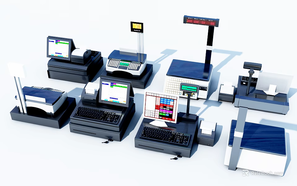 Modern Commercial Retail Equipment Including Multiple POS Terminals Cash Registers With LCD Screens And Keyboards 3d model 