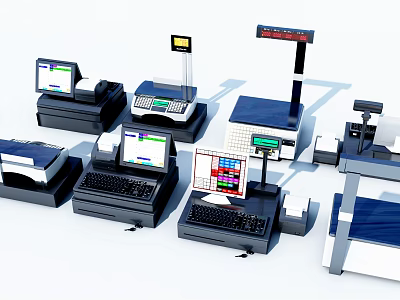 Modern Commercial Retail Equipment Including Multiple POS Terminals Cash Registers With LCD Screens And Keyboards 3d model