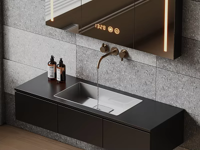 Modern Wall Mounted Washbasin with Black Countertop Illuminated Mirror and Bath Products 3d model