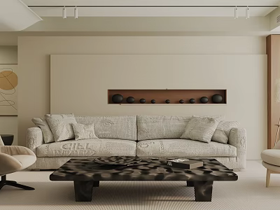Modern Living Room Interior With Light Beige Sofa Black Textured Coffee Table And Wooden Shelf 3d model