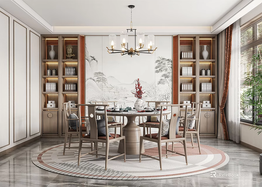 Chinese Style Restaurant Interior With Round Table Chairs Chandelier Bookshelves Vases And Landscape Painting 3d model 
