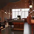 Cozy Café Interior With Warm Lighting Wooden Bar Black Leather Chairs And Round Tables