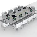 Modern Conference Table with White Chairs and Tablets in Contemporary Office Meeting Setting
