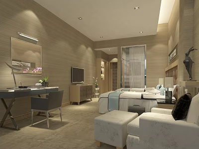 Modern Elegant Bedroom Interior Design With Bed Sofa TV Table And Lighting 3d model