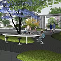 Residential Landscape With Apartment Buildings Lush Greenery Blue Trees Colorful Flower Beds And Seating Areas