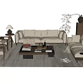 Minimalist Living Room Sofa Coffee Table Set With Beige Upholstery Wooden Table And Decorative Accents