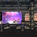 Modern Bar With Starry Sky Backdrop Geometric Lighting Liquor Racks Drum Set Tables And Chairs