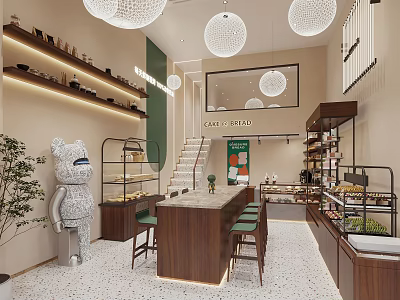 Modern Dessert Shop Interior With Wooden Counter Green Chairs Dessert Display Shelves And Pendant Lights 3d model