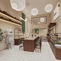 Modern Dessert Shop Interior With Wooden Counter Green Chairs Dessert Display Shelves And Pendant Lights