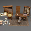Traditional Study Interior Featuring Desk And Chair Set With Bookcase Globe Lamp And Rug