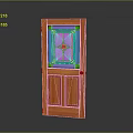 Orange Wooden Hinged Door With Stained Glass Panel Featuring Blue Pink Green And Star Design