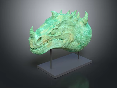 Detailed Green Dragon Head Sculpture With Textured Surface On Gray Stand 3d model