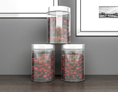 Three Transparent Ceramic Jars With Silver Lids Filled With Cherries On Wooden Tabletop 3d model
