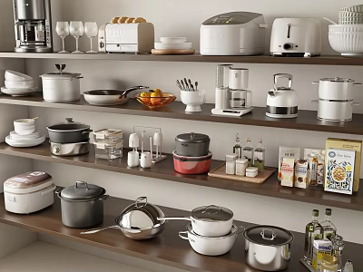 Organized Display Of Kitchen Appliances With Cookware On Wooden Shelves 3d model