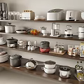 Organized Display Of Kitchen Appliances With Cookware On Wooden Shelves