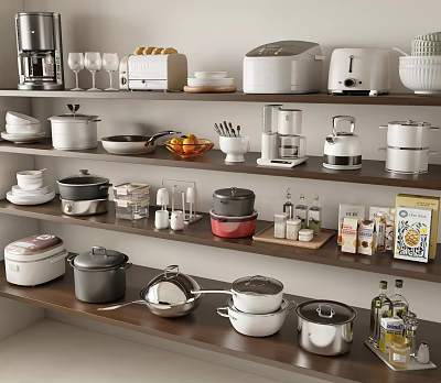 Organized Display Of Kitchen Appliances With Cookware On Wooden Shelves 3d model