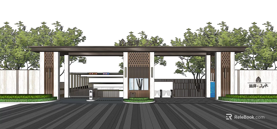 Modern Entrance Gate with Wooden Pillars Canopy and Green Trees Landscaping 3d model 