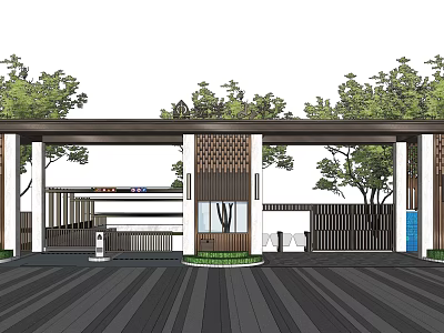 Modern Entrance Gate with Wooden Pillars Canopy and Green Trees Landscaping 3d model