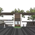Modern Entrance Gate with Wooden Pillars Canopy and Green Trees Landscaping