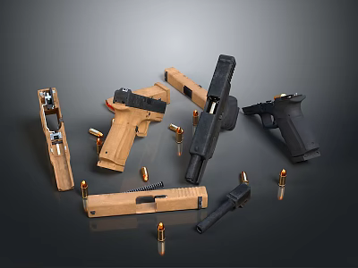 Detailed Disassembled Handgun Weapons With Black Brown Components And Bullets Layout 3d model