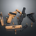 Detailed Disassembled Handgun Weapons With Black Brown Components And Bullets Layout