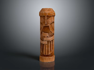 Carved Wooden Sculpture In Tall Columnar Shape With Facial Features And Geometric Facets 3d model