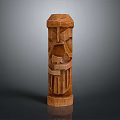 Carved Wooden Sculpture In Tall Columnar Shape With Facial Features And Geometric Facets