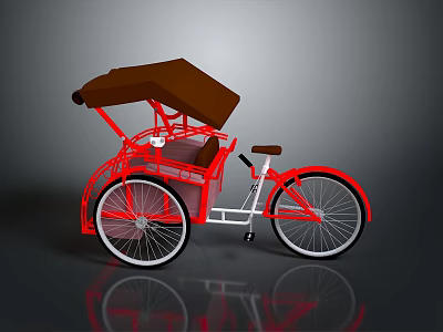 Red Rickshaw With Brown Canopy White Seat And Red Frame Structure 3d model
