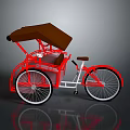 Red Rickshaw With Brown Canopy White Seat And Red Frame Structure