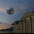 European Architecture With Floating Glass Bubbles Reflecting Sunset Sky Grand Columns And Ornate Facade Design