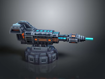 Sci-Fi Turret Weapon 3D Model with Gray Metal Body Orange Accents and Blue Energy Barrel 3d model