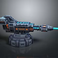 Sci-Fi Turret Weapon 3D Model with Gray Metal Body Orange Accents and Blue Energy Barrel