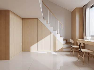 Bedroom Interior Design With Wooden Cabinets Staircase Desk Chairs And Large Window 3d model