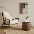 Beige Leisure Chair with Wooden Frame Rattan Side Table and Decorative Wall Art