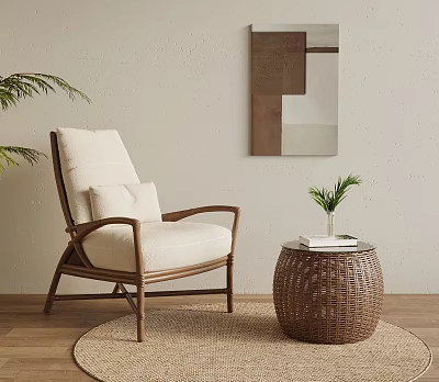 Beige Leisure Chair with Wooden Frame Rattan Side Table and Decorative Wall Art 3d model
