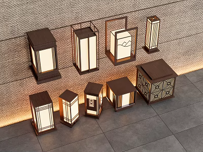 Modern Chinese Style Outdoor Lights With Wooden Frame Various Designs And White Shades 3d model