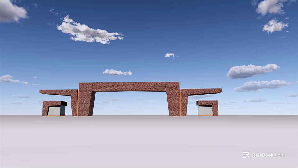 Red Brick Entrance Gate With Arched Design And Symmetric Side Structures Under Blue Sky 3d model 