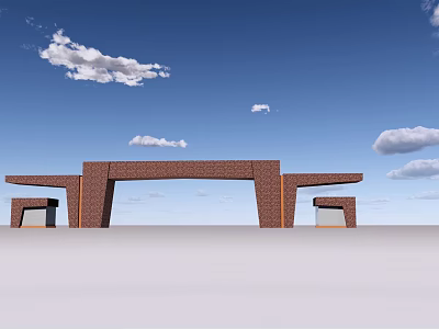 Red Brick Entrance Gate With Arched Design And Symmetric Side Structures Under Blue Sky 3d model