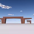 Red Brick Entrance Gate With Arched Design And Symmetric Side Structures Under Blue Sky